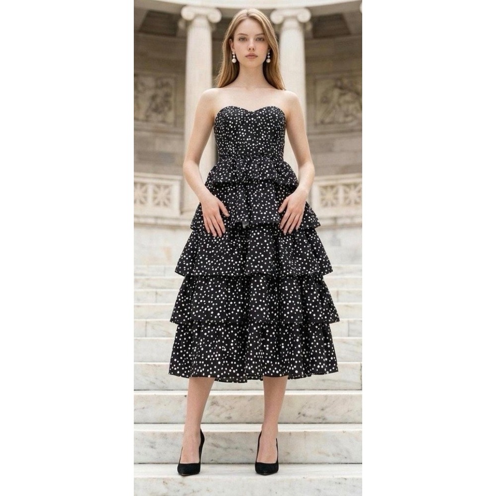 Diamonds Run Wayne Diamond Vintage Polka Dot Tiered Strapless Midi Dress Navy 13